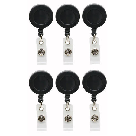 Standard Round ID Badge Reel with Belt Clip, Black, Pack of 6