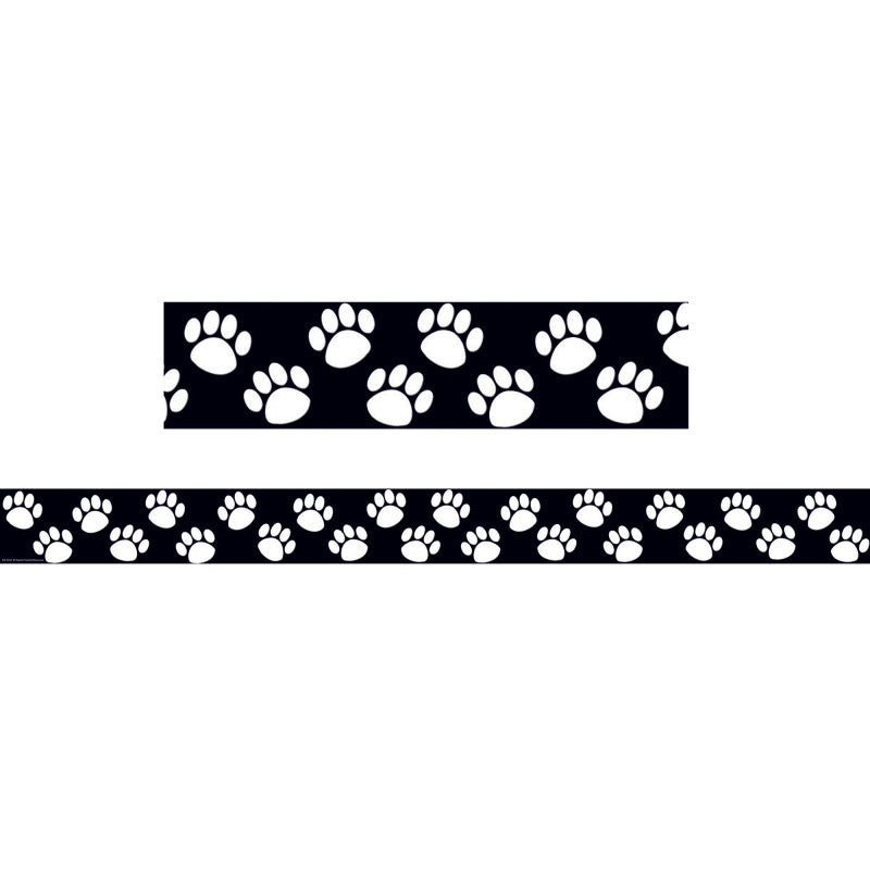 Black with White Paw Prints Straight Border Trim, 35 Feet