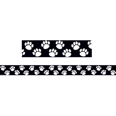 Black with White Paw Prints Straight Border Trim, 35 Feet