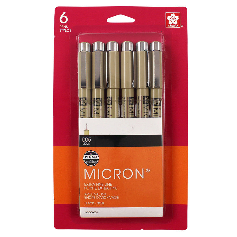 Pigma Micron Pens, Black, Size 005, 6-Pack, Blister Card