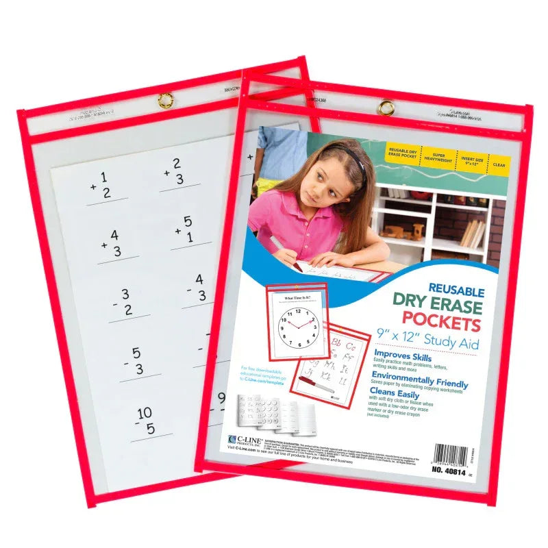 Reusable Dry Erase Pocket, Red Neon, 9" x 12", 1 Pocket