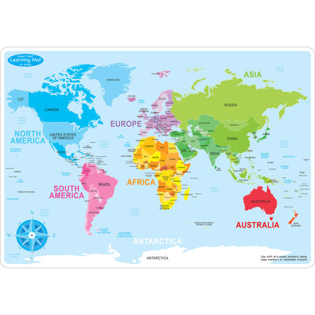 Smart Poly&trade; Learning Mats, 12" x 17", Double-Sided, World Basic Map, Pack of 10