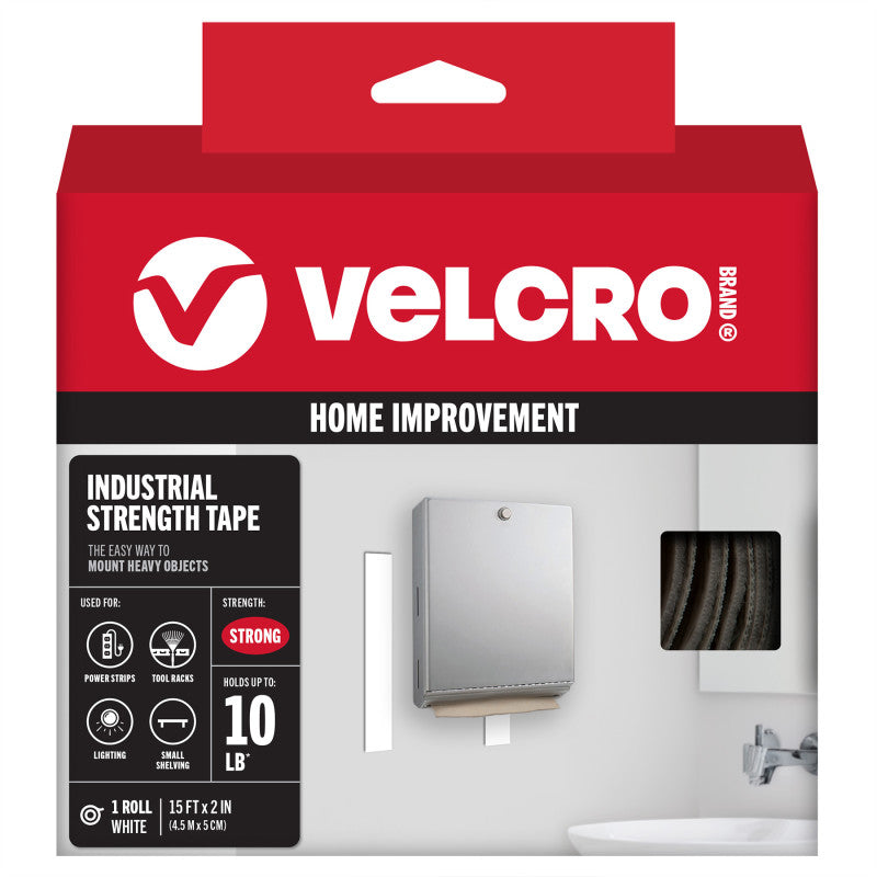 Industrial Strength Hook and Loop Tape, 15 ft x 2 in, White