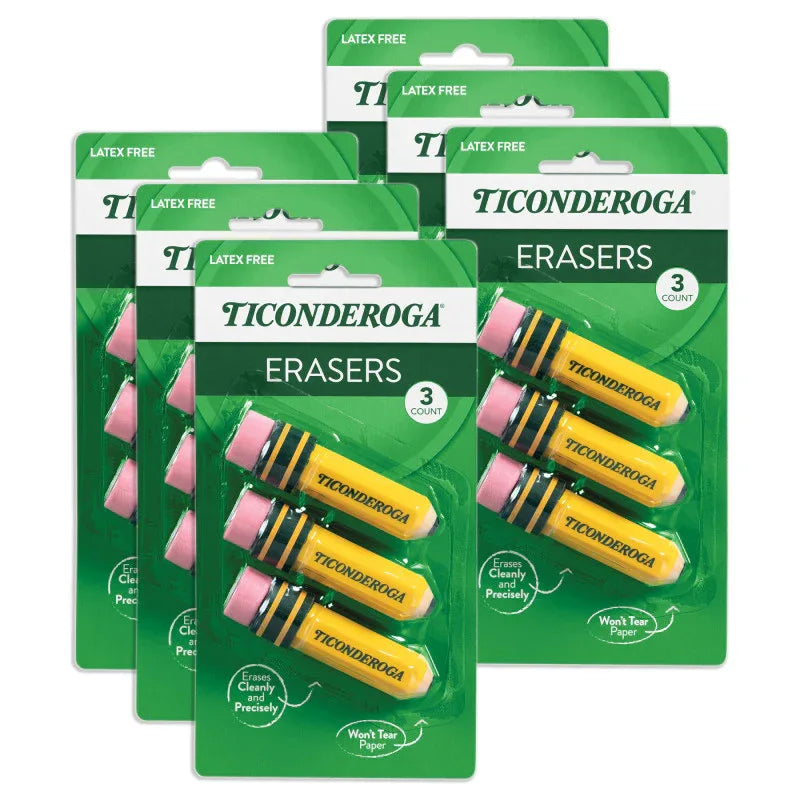 Erasers, Pencil Shaped, Yellow, 3 Per Pack, 6 Packs