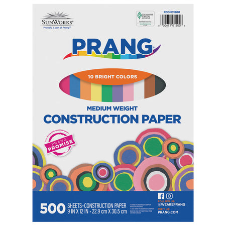 Construction Paper, Medium Weight, 10 Assorted Colors, 9" x 12", 500 Sheets