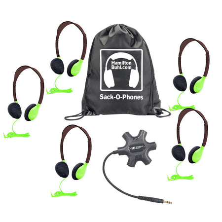 Galaxy&trade; Econo-Line of Sack-O-Phones with 5 Green Personal-Sized Headphones, Starfish Jackbox and Carry Bag