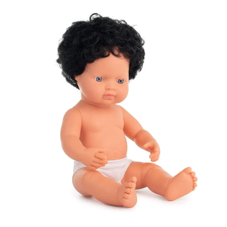 Anatomically Correct 15" Baby Doll, Caucasian Boy, Curly Black Hair (Polybag)
