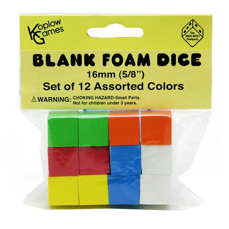 Assorted Color Blank 16mm Foam Dice, Pack of 12
