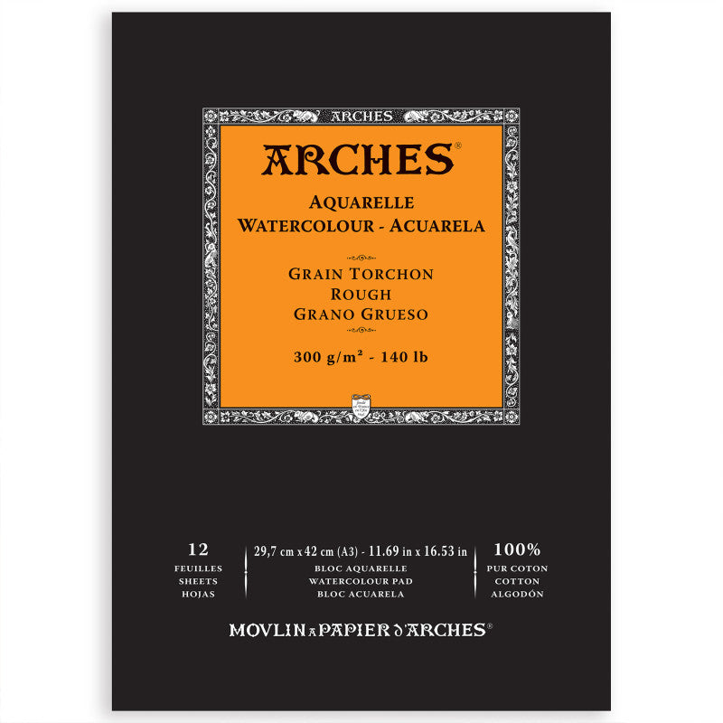 Arches Aquarelle Watercolor Paper Pad, Rough, Natural White, 140lb/300gsm, Glue Binding, 12 Sheet, 11.69x16.53 inch, 1 Count
