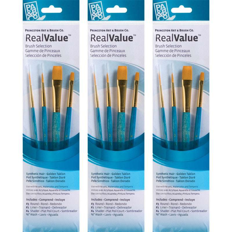 RealValue Brush Set, Gold Taklon Bristles, Short Handle Mixed Media Paintbrush, Blue, 4 Per Set, 3 Sets