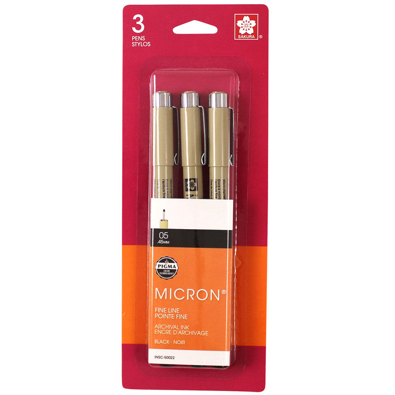 Pigma Micron Pens, Size 05 Fine Point, Black, 3-Pack, Blister Pack
