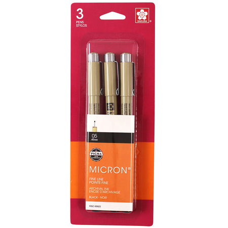 Pigma Micron Pens, Size 05 Fine Point, Black, 3-Pack, Blister Pack