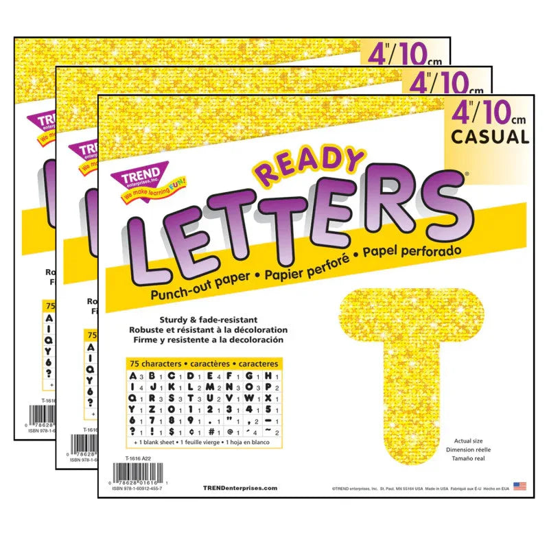 Yellow Sparkle 4" Casual Uppercase Ready Letters&reg;, 71 Per Pack, 3 Packs
