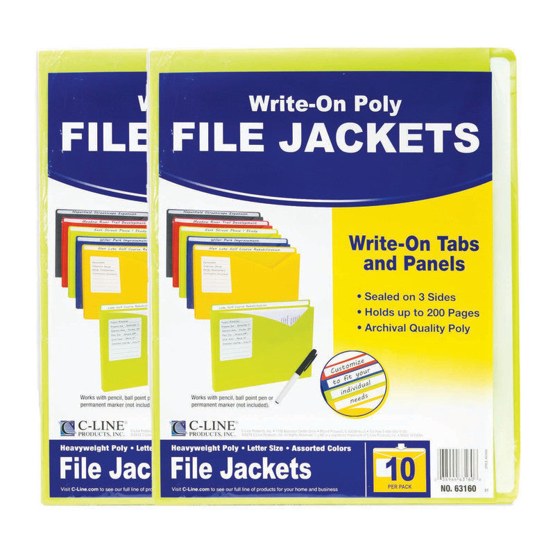 Write-On Poly File Jackets, Assorted Colors, 11" x 8-1/2", 10 Per Pack, 2 Packs