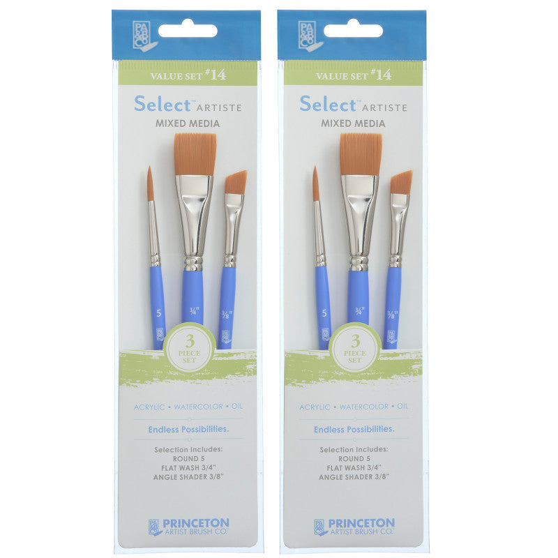 Select Artiste Brush Set No. 14, Synthetic Bristles, Short Handle Mixed Media Paintbrush, Jewel Blue, 3 Per Set, 2 Sets