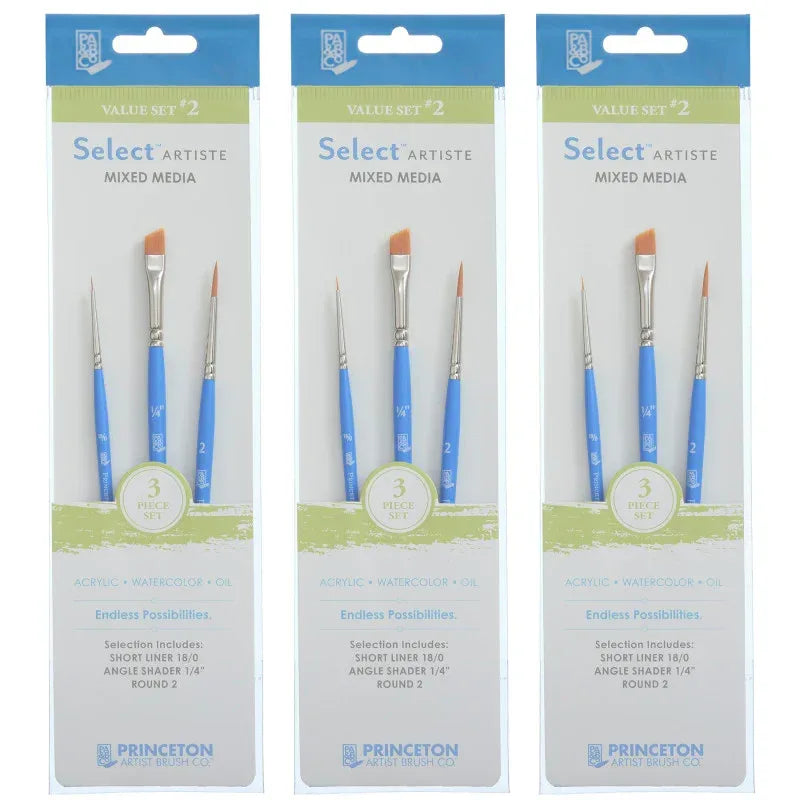 Select Artiste Brush Set No. 2, Synthetic Bristles, Short Handle Mixed Media Paintbrush, Jewel Blue, 3 Per Set, 3 Sets