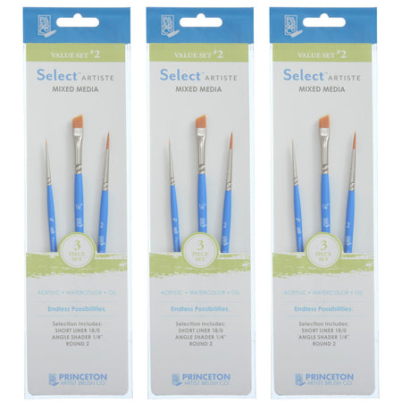 Select Artiste Brush Set No. 2, Synthetic Bristles, Short Handle Mixed Media Paintbrush, Jewel Blue, 3 Per Set, 3 Sets