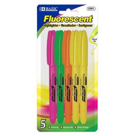 Pen Style Fluorescent Highlighters with Pocket Clip, Pack of 5