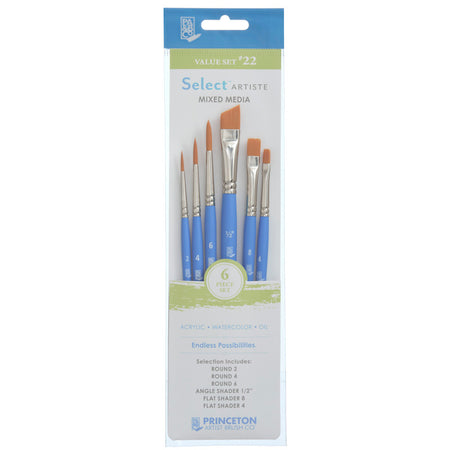 Select Artiste Brush Set No. 22, Synthetic Bristles, Short Handle Mixed Media Paintbrush, Jewel Blue, 6 Pieces