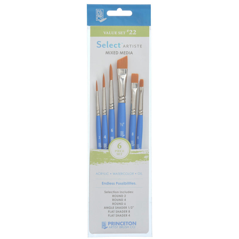 Select Artiste Brush Set No. 22, Synthetic Bristles, Short Handle Mixed Media Paintbrush, Jewel Blue, 6 Pieces