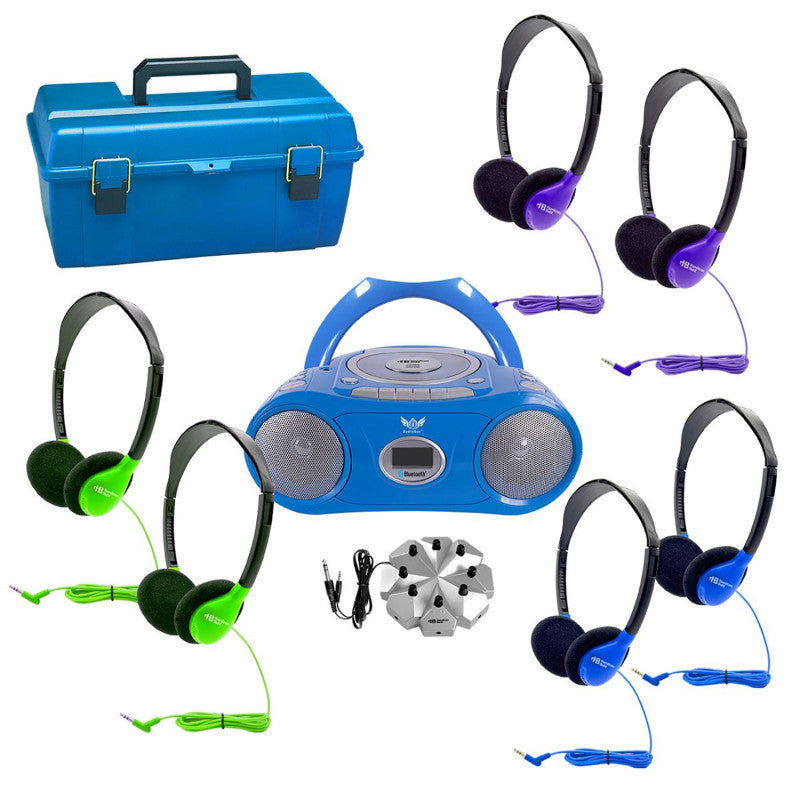 6-Station Listening Center with AudioAce&trade; Bluetooth&reg; Boombox, 6 Colorful SchoolMate Personal-Sized Headphones, Jackbox & Carry Case