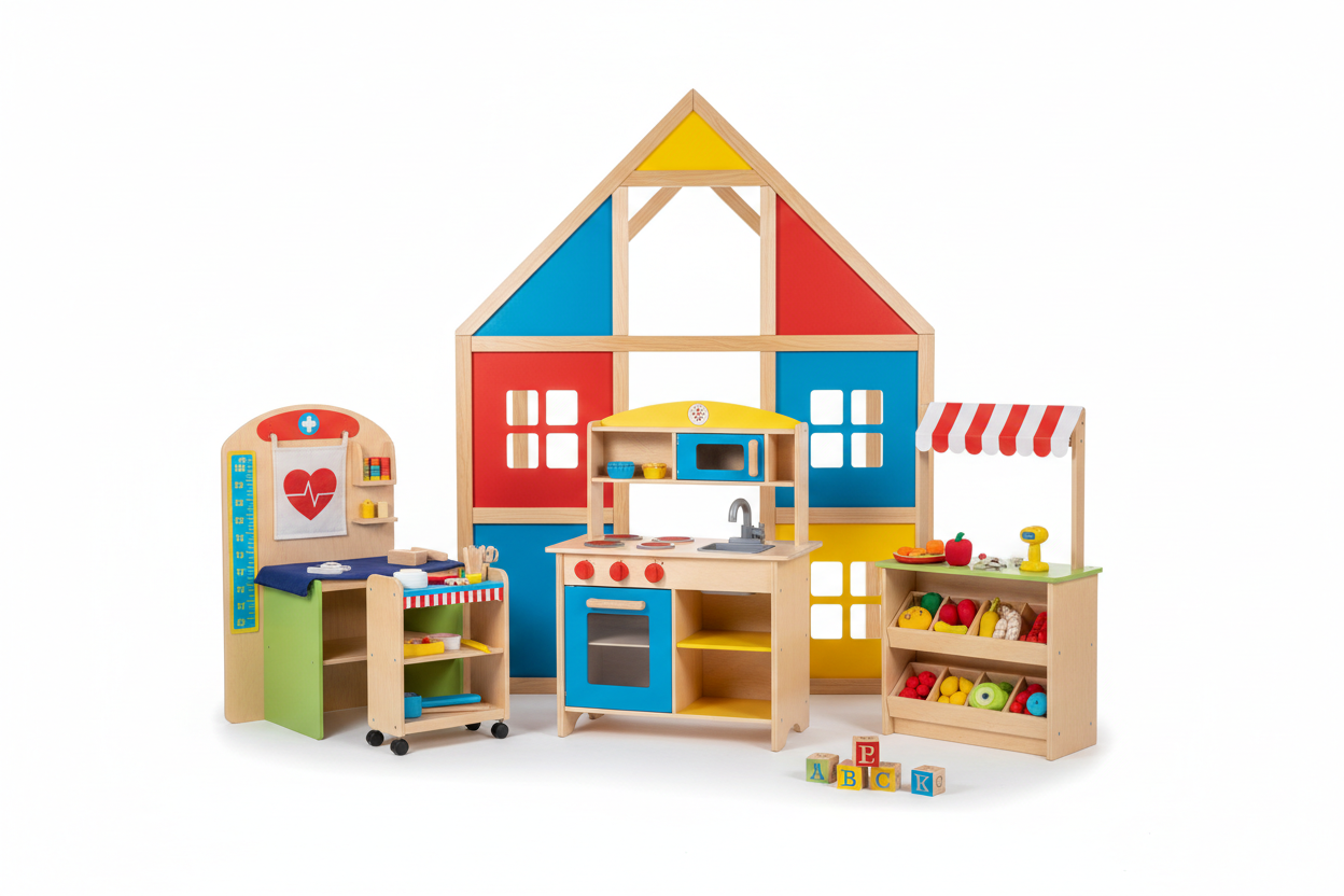 Colorful toy kitchen set with various compartments on a white background