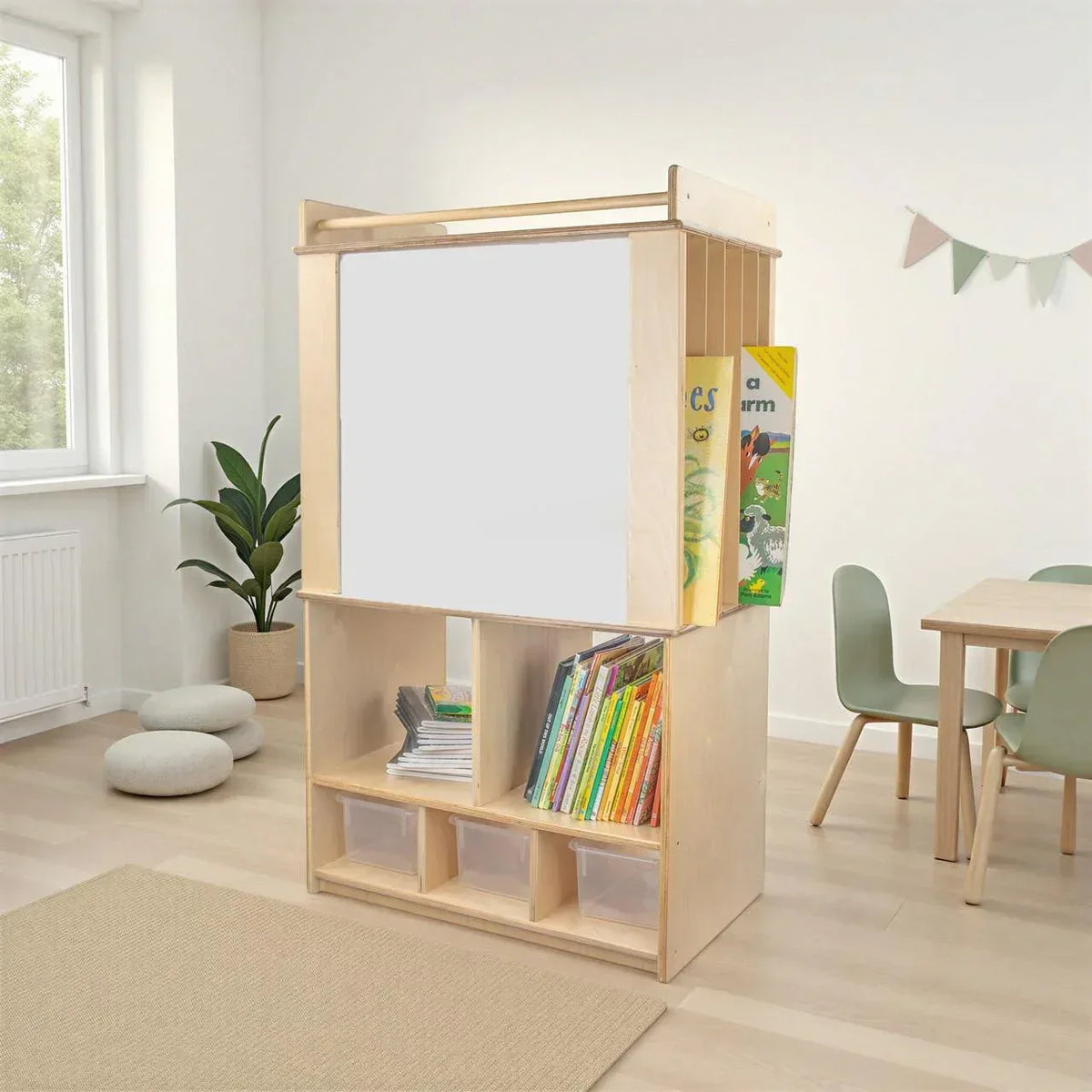 Dual Markerboard Store-It-All Teaching Center with 3 Translucent Trays