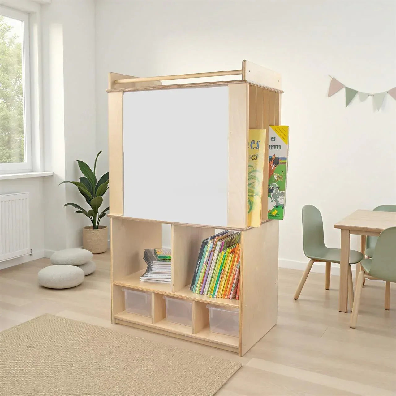 Dual Markerboard Store-It-All Teaching Center with 3 Translucent Trays