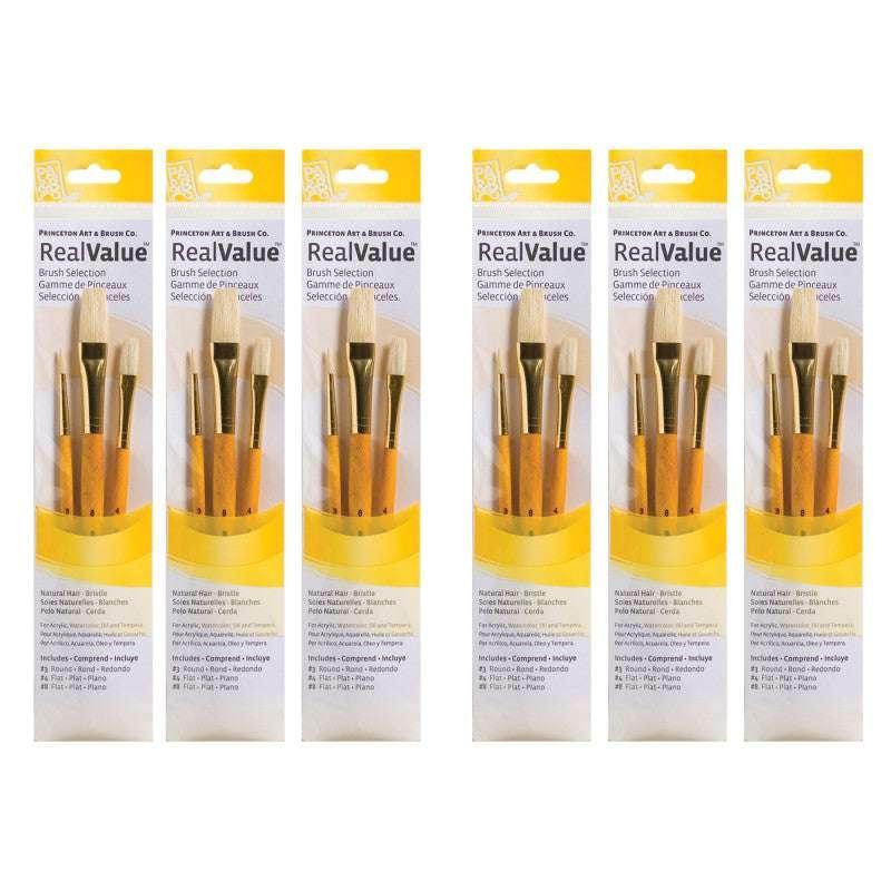 RealValue Brush Set, Natural Bristles, Short Handle Mixed Media Paintbrush, Yellow, 3 Per Set, 6 Sets