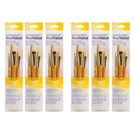 RealValue Brush Set, Natural Bristles, Short Handle Mixed Media Paintbrush, Yellow, 3 Per Set, 6 Sets