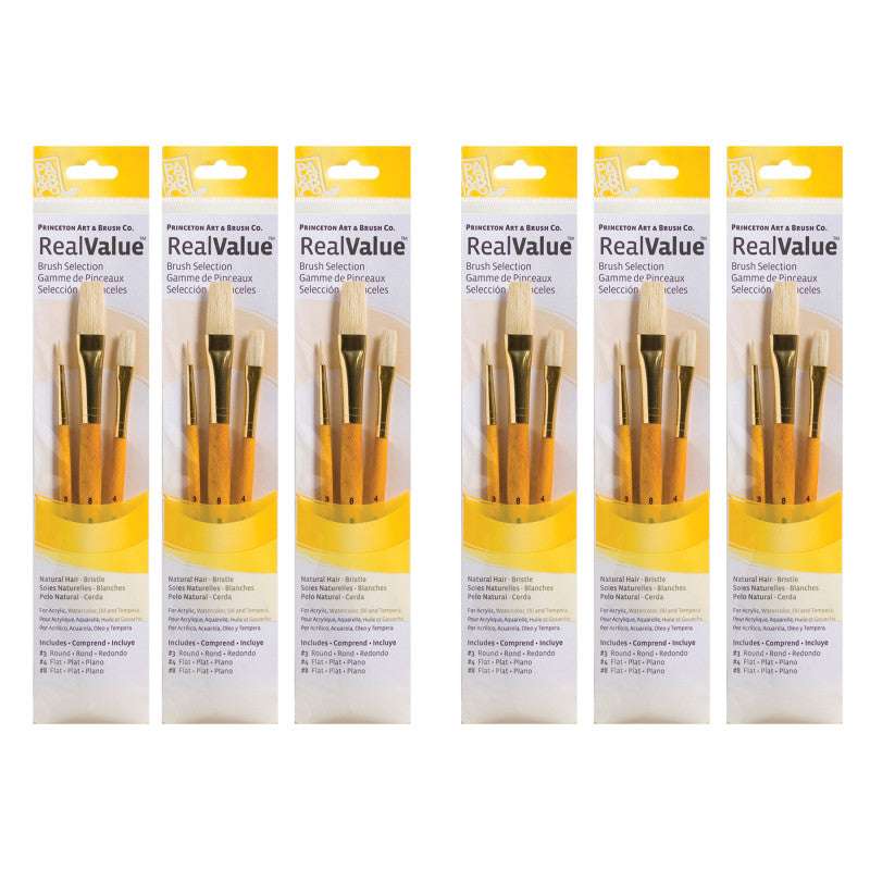 RealValue Brush Set, Natural Bristles, Short Handle Mixed Media Paintbrush, Yellow, 3 Per Set, 6 Sets