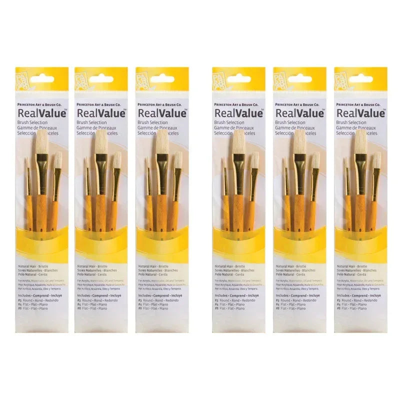 RealValue Brush Set, Natural Bristles, Short Handle Mixed Media Paintbrush, Yellow, 3 Per Set, 6 Sets