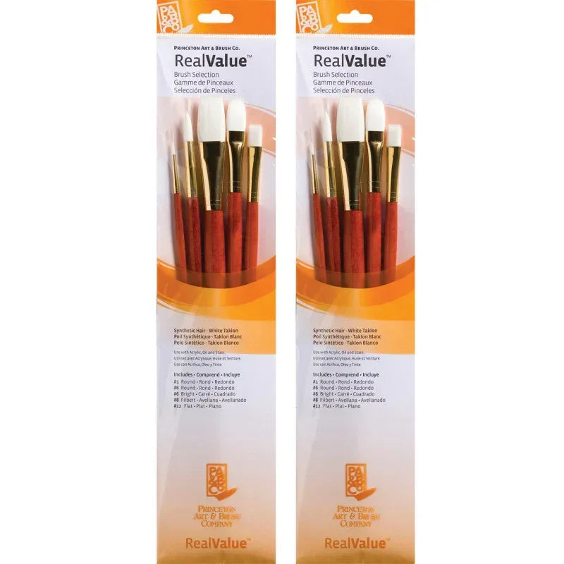 RealValue Brush Set, White Taklon Bristles, Long Handle Mixed Media Paintbrush, Orange, 5 Per Set, 2 Sets
