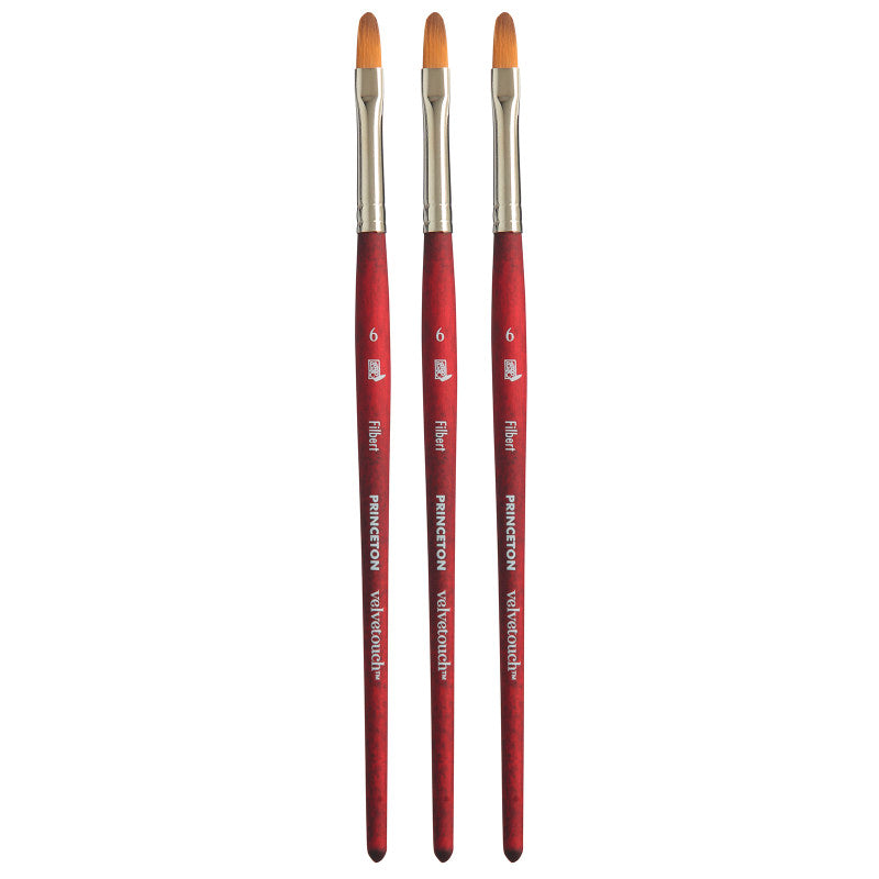 Velvetouch Filbert Brush, Synthetic Bristles, Short Handle Mixed Media Paintbrush, Scarlet, Size 6, Pack of 3