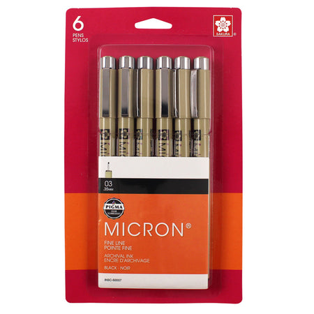 Pigma Micron Pens, Black, Size 03, 6-Pack, Blister Card