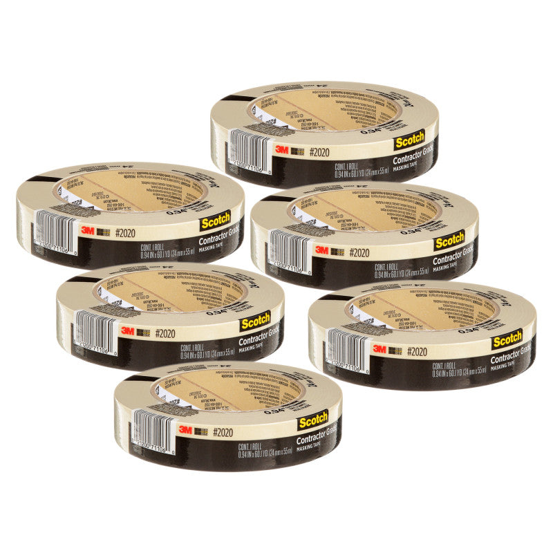 Contractor Grade Masking Tape, 0.94 in x 60.1 yd (24mm x 55m), Pack of 6