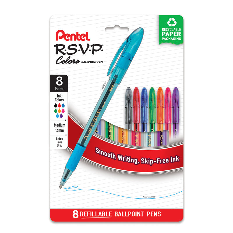 R.S.V.P. Colors Ballpoint Pen, (1.0mm), Assorted Ink, 8-Pack