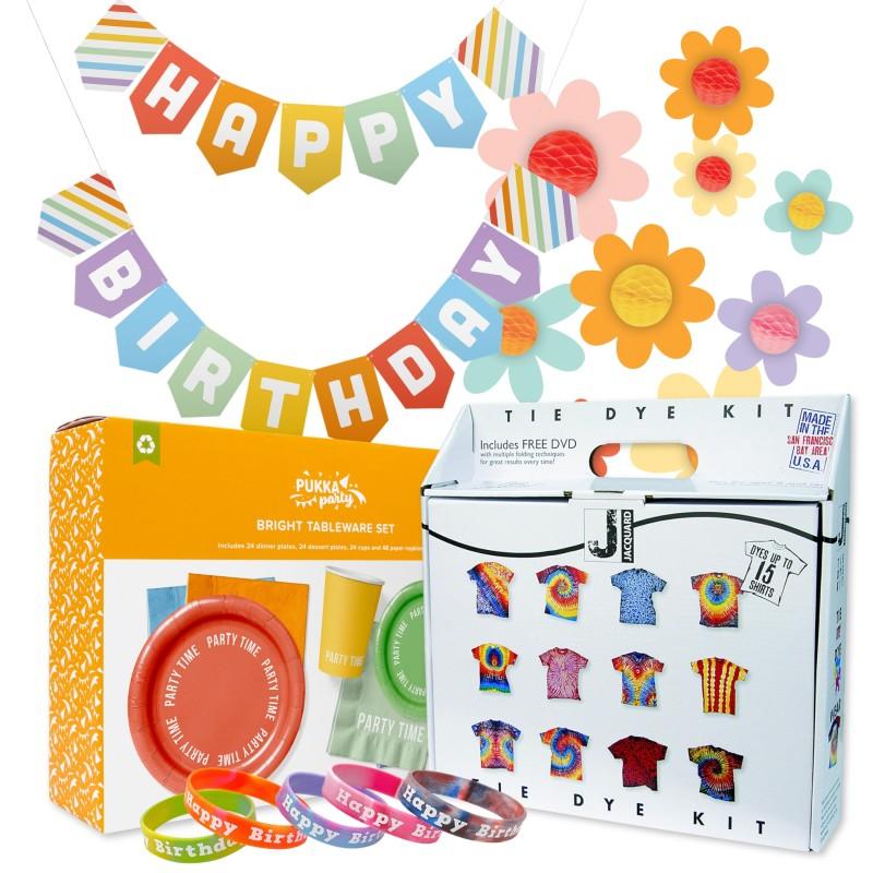 Tie-Dye Party Kit, Birthday Decorations, Tableware, Wristbands & Tie-Dye Activity Supplies