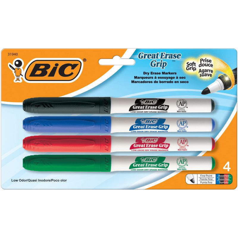 Great Erase&reg; Low Odor Dry Erase Markers, Fine Point, Assorted Colors, Pack of 4