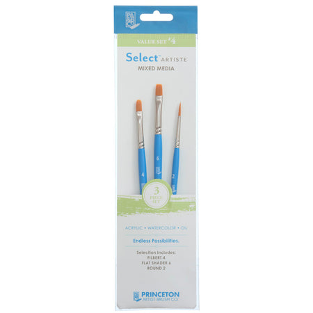 Select Artiste Brush Set No. 4, Synthetic Bristles, Short Handle Mixed Media Paintbrush, Jewel Blue, 3 Pieces