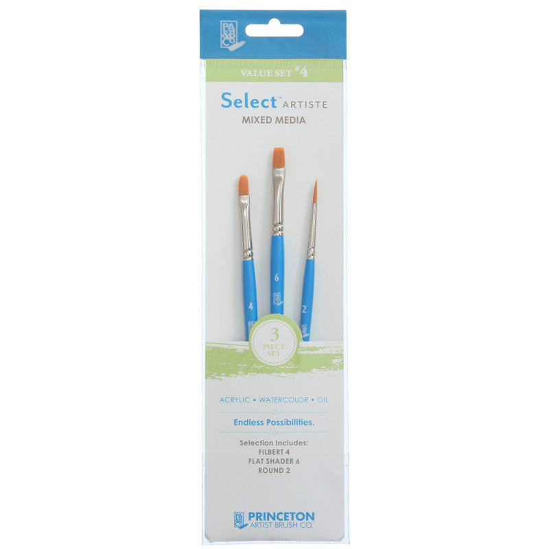 Select Artiste Brush Set No. 4, Synthetic Bristles, Short Handle Mixed Media Paintbrush, Jewel Blue, 3 Pieces