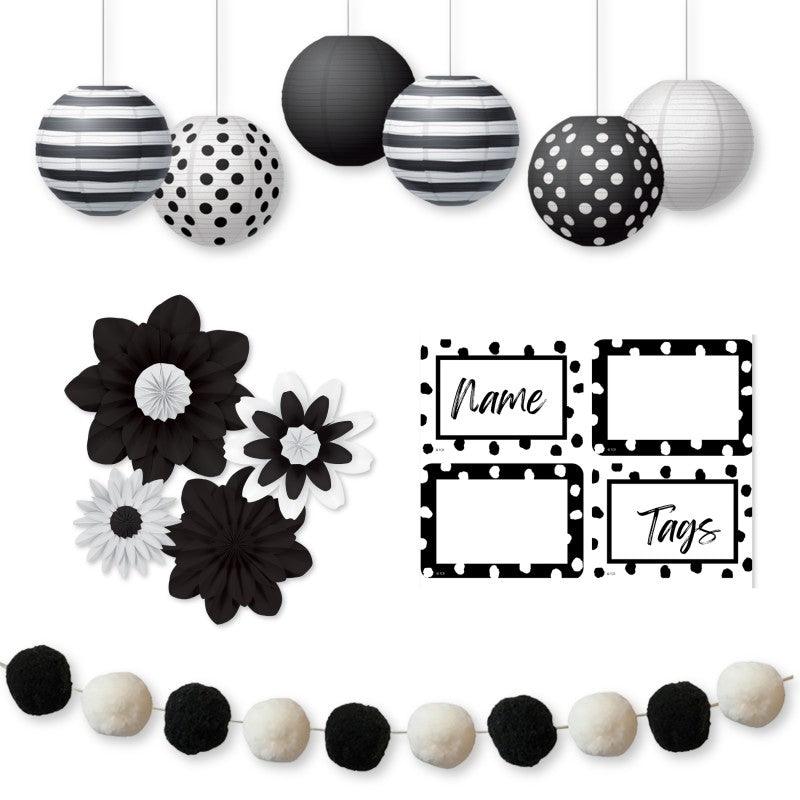 Black & White Party DÃ©cor Kit, Paper Lanterns, Flowers, Pom-Pom Garland & Labels