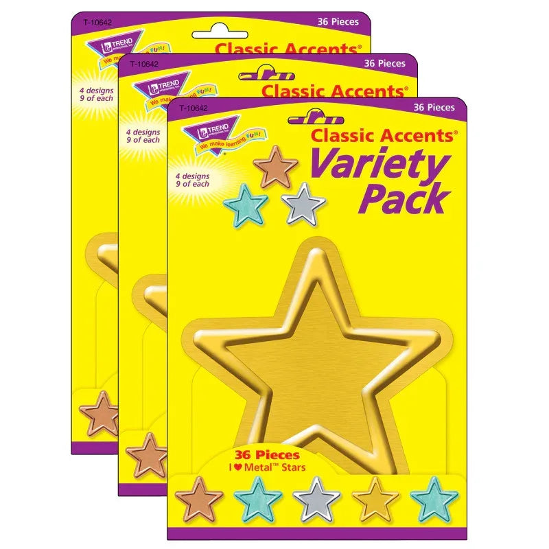 I &hearts; Metal&trade; Stars Classic Accents&reg; Variety Pack, 36 Per Pack, 3 Packs