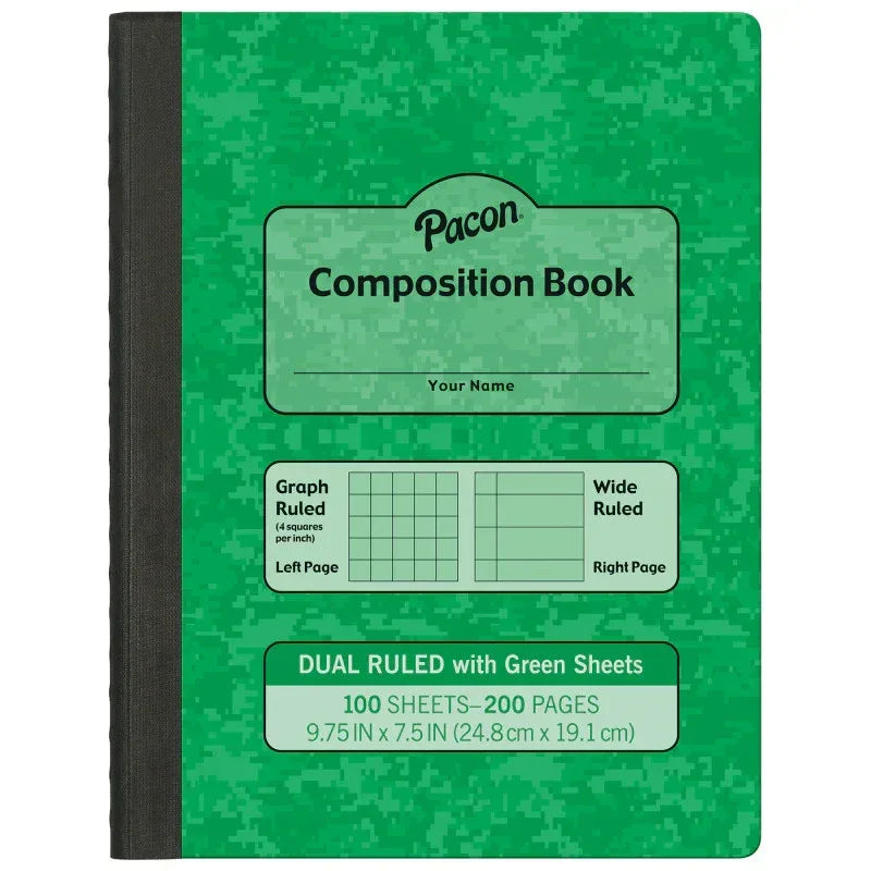 Dual Ruled Composition Book, Green, 1/4 in grid and 3/8 in (wide) 9-3/4" x 7-1/2", 100 Sheets