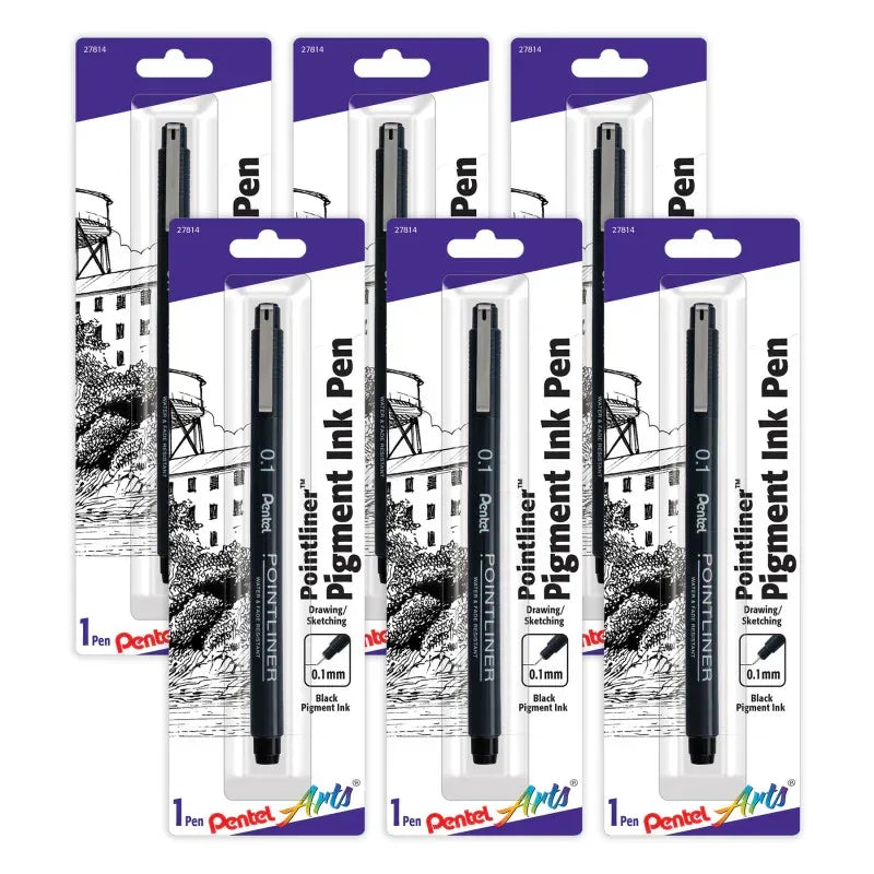 Pointliner Pen, 0.1mm, Black Pigment Ink, Pack of 6