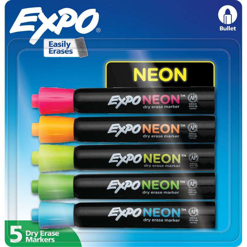 Neon Dry Erase Markers, Assorted Colors, Bullet Tip, 5 Count