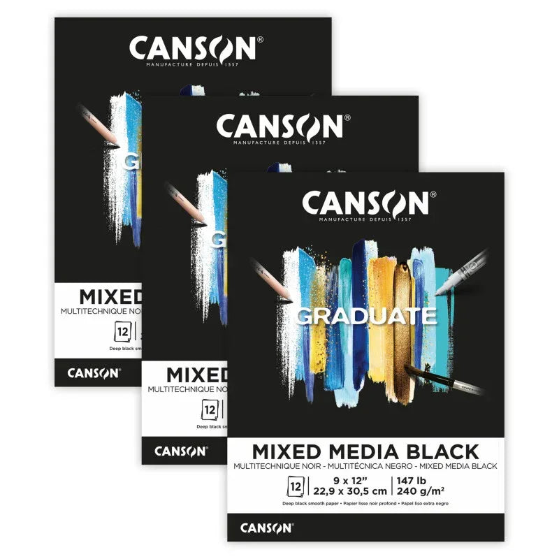 Graduate Mixed Media Pad, Black, Foldover Binding, 12 Sheet, 9x12 inch, Pack of 3