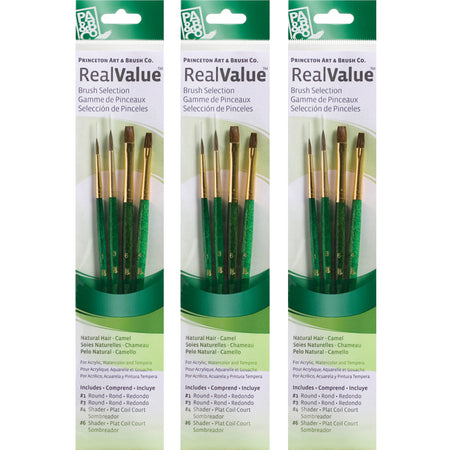 RealValue Brush Set, Camel Bristles, Short Handle Mixed Media Paintbrush, Green, 4 Per Set, 3 Sets
