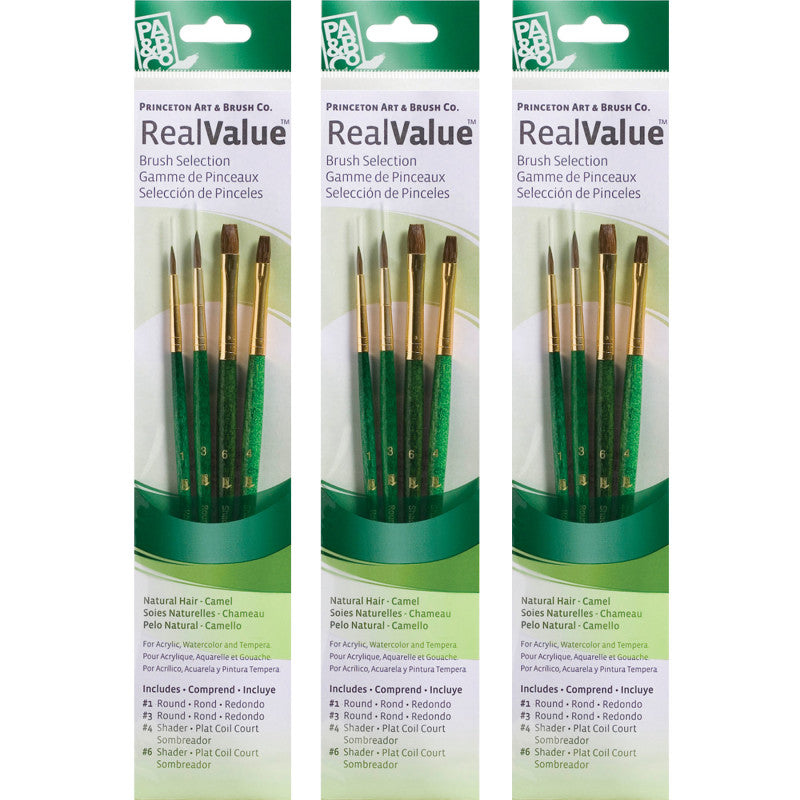 RealValue Brush Set, Camel Bristles, Short Handle Mixed Media Paintbrush, Green, 4 Per Set, 3 Sets
