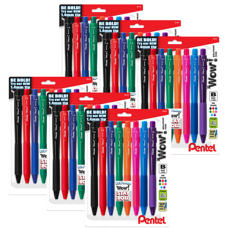 Wow! Retractable Ballpoint Pen, (1.4mm) Bold Line, Assorted Ink, 8 Per Pack, 6 Packs